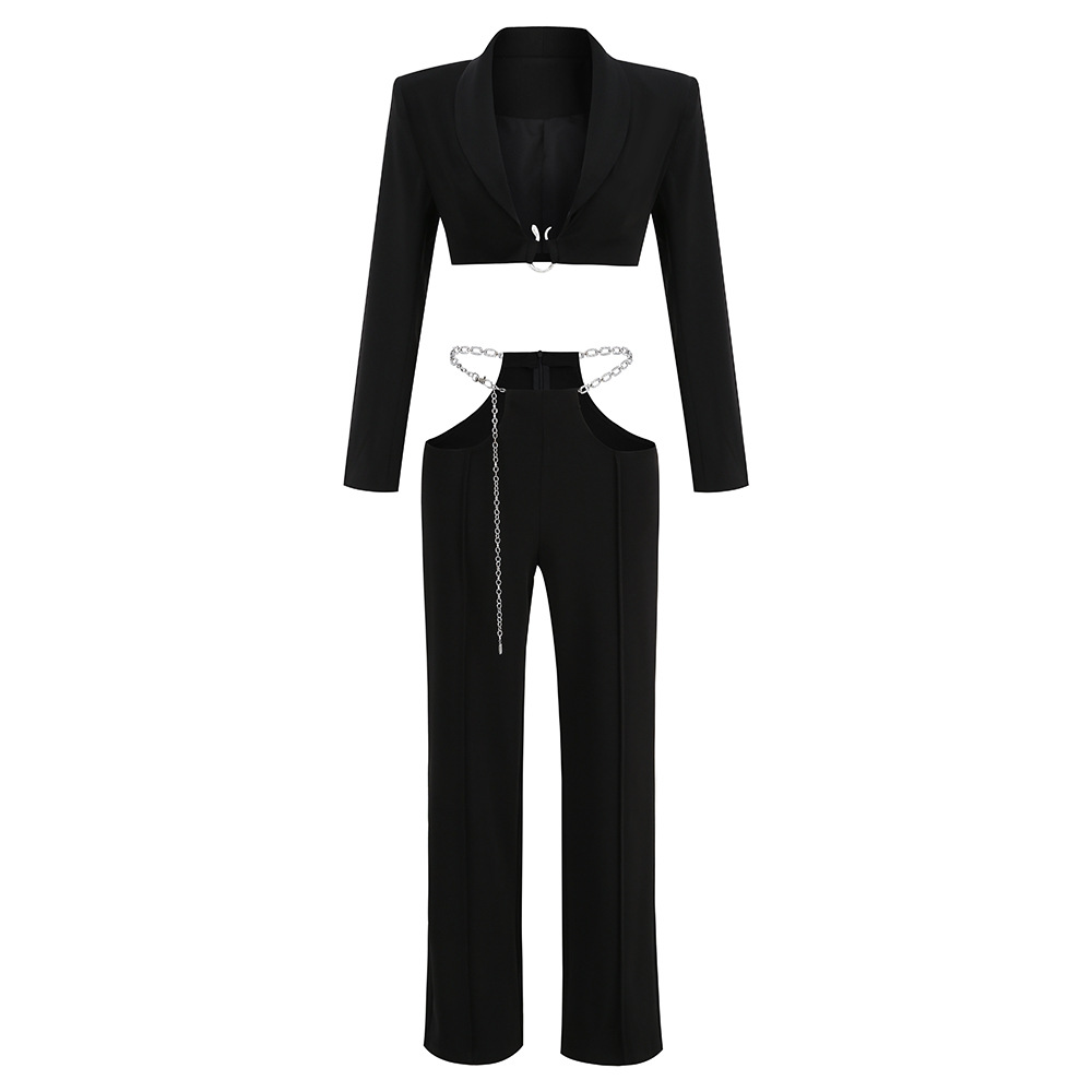Sexy Small Suit Short Top Chain Belt Casual Trousers Two-piece Suit