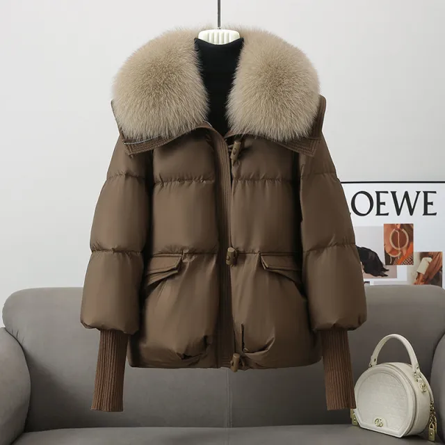 Down Cotton padded Jacket Women's Short Fur Collar Thickened Coat Winter Clothing Brown - Shop at LoveMi