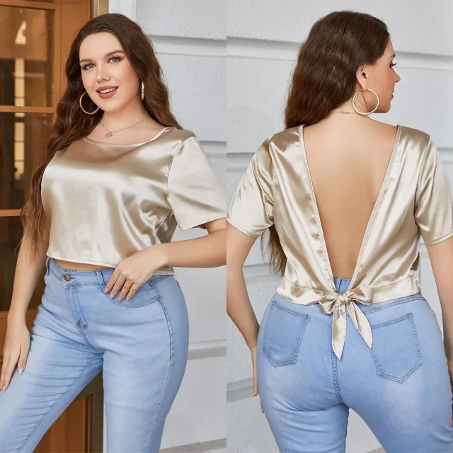 Women's Summer Short sleeved Solid Color Backless Top T shirt Gold - Shop at LoveMi