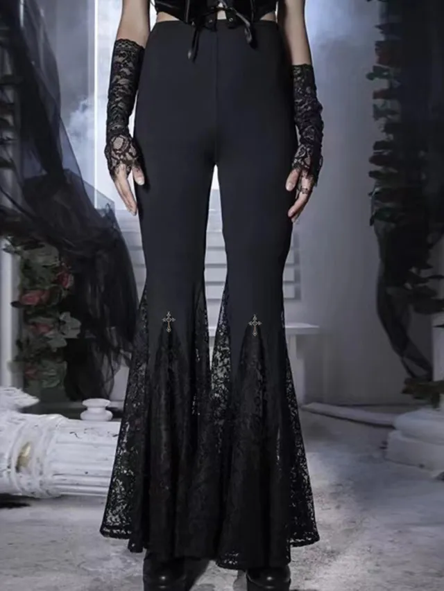 Sexy Lace Stitching Dark Style Cross Bell bottom Pants Black - Shop at LoveMi