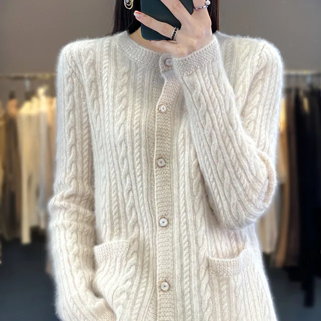Slimming Jacquard Warm Wool Knit Cardigan Outerwear Top Beige - Shop at LoveMi