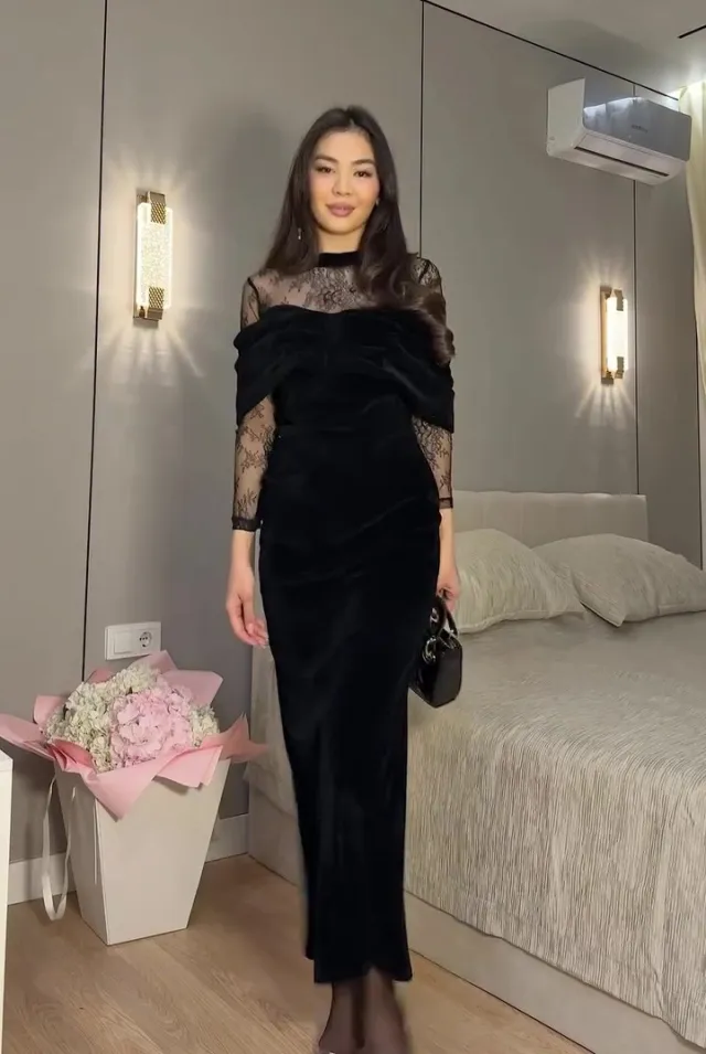 Elegant Long Sleeved Lace And Velvet Patchwork Dress Black - Shop at LoveMi