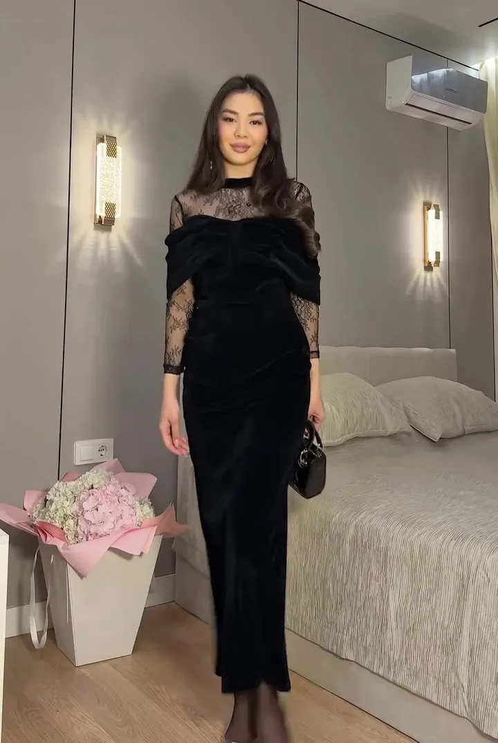 Elegant Long-Sleeved Lace And Velvet Patchwork Dress - Black