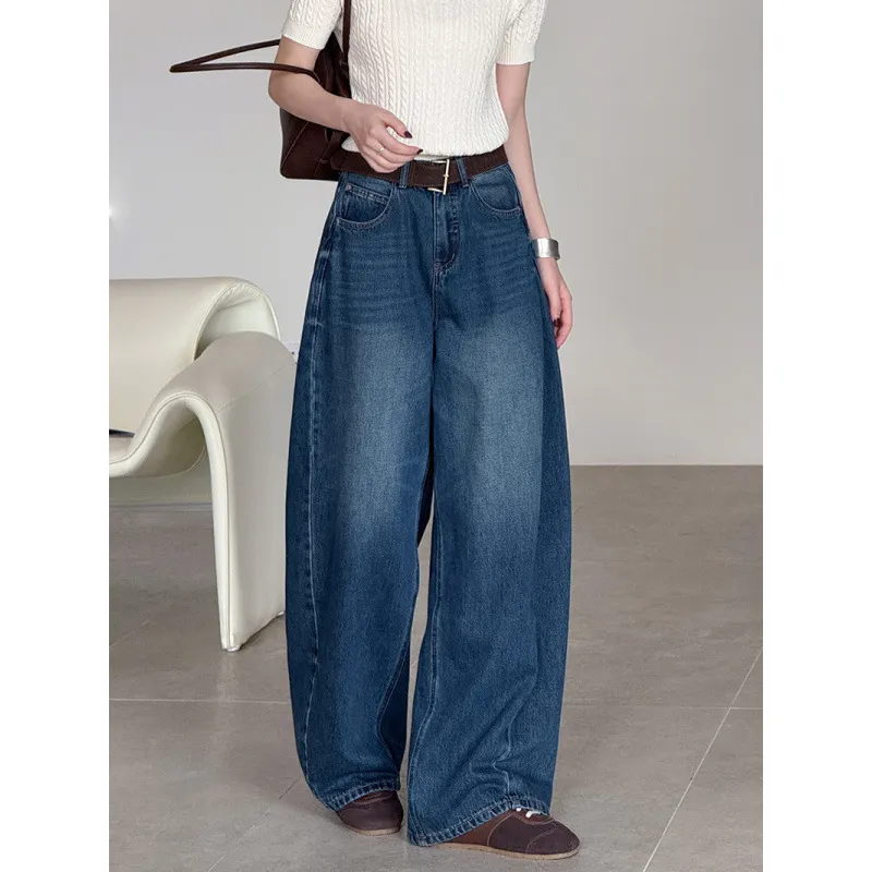 Women's Loose Casual High Waisted Wide Leg Jeans - Blue