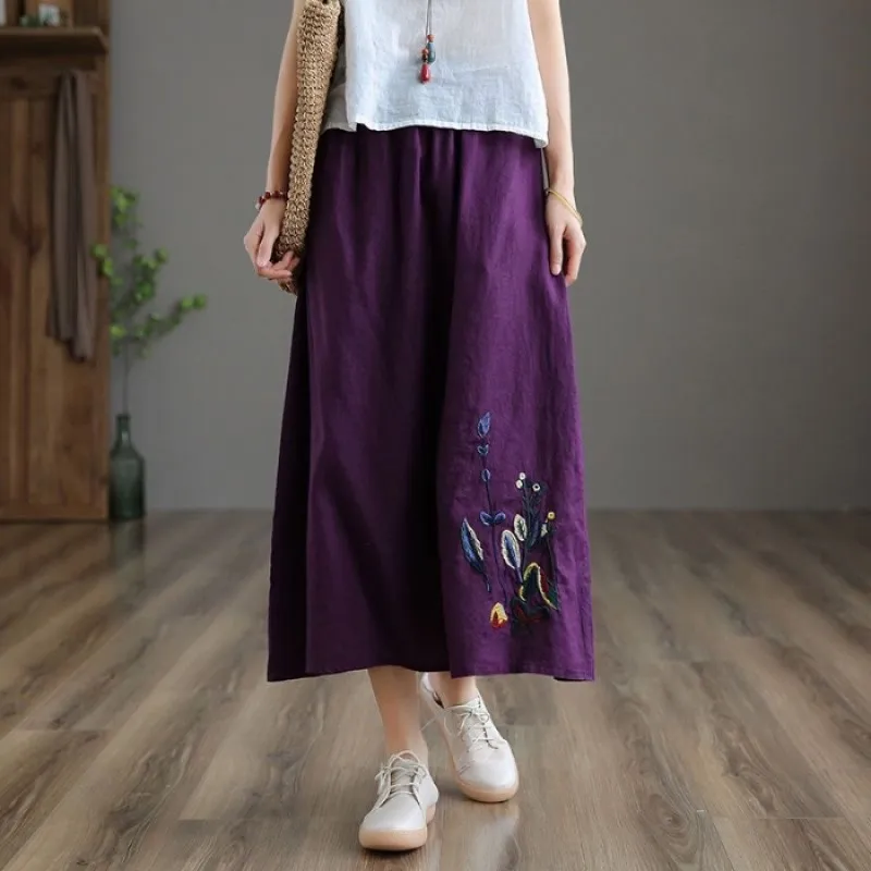 Summer Retro Women's Cotton And Linen Skirt - Purple