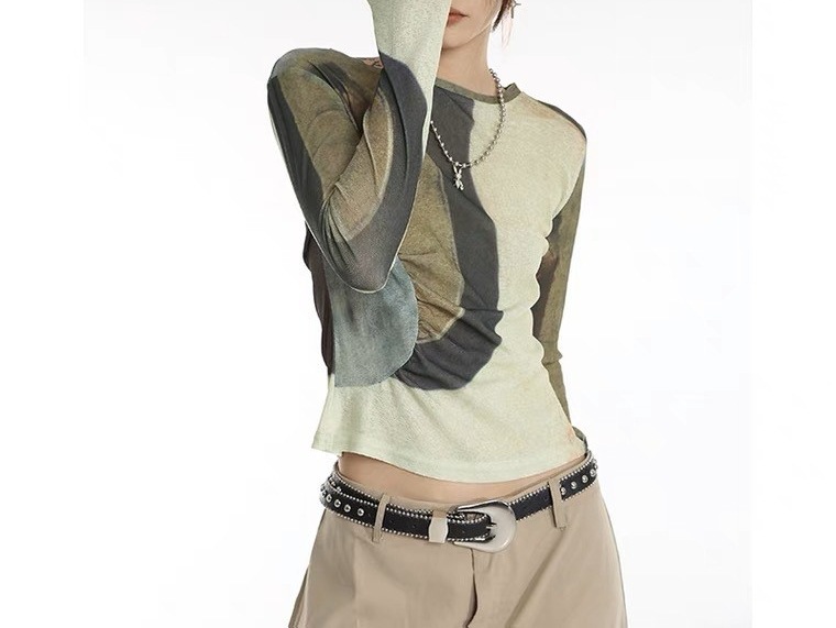 Contrast Color Tie-dyed Printed Round Neck Long Sleeve T-shirt Women