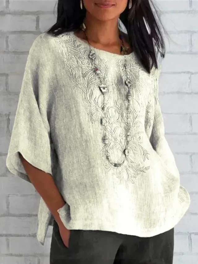 Autumn And Winter Women's Three quarter Sleeve Loose Casual Print T shirt Linen Cotton And Linen Ivory White - Shop at LoveMi