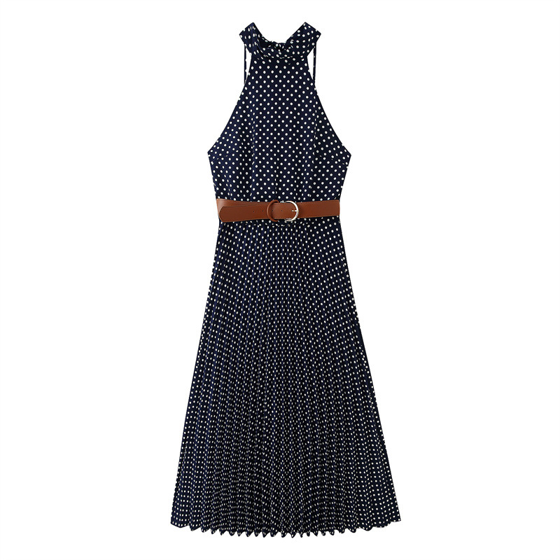 Summer With Belt Polka Dot Backless Hanging Collar Midi Skirt Sleeveless Dress - Shop at LoveMi