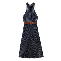 Summer With Belt Polka Dot Backless Hanging Collar Midi Skirt Sleeveless Dress - View 1
