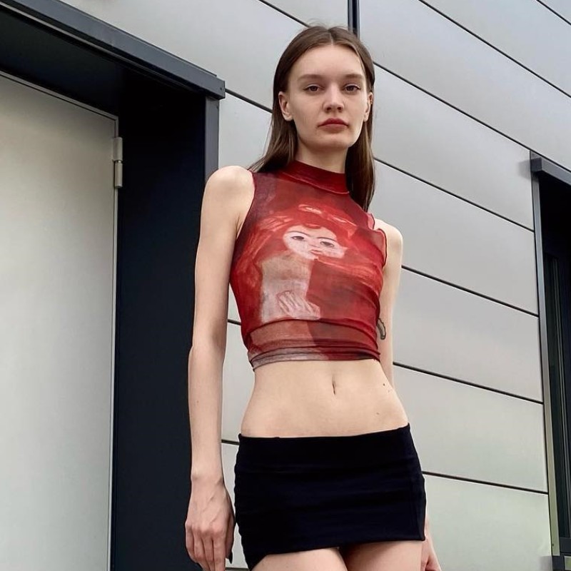 Sleeveless Round Neck Printed Short Cropped Cropped Women's Vest Red - Shop at LoveMi