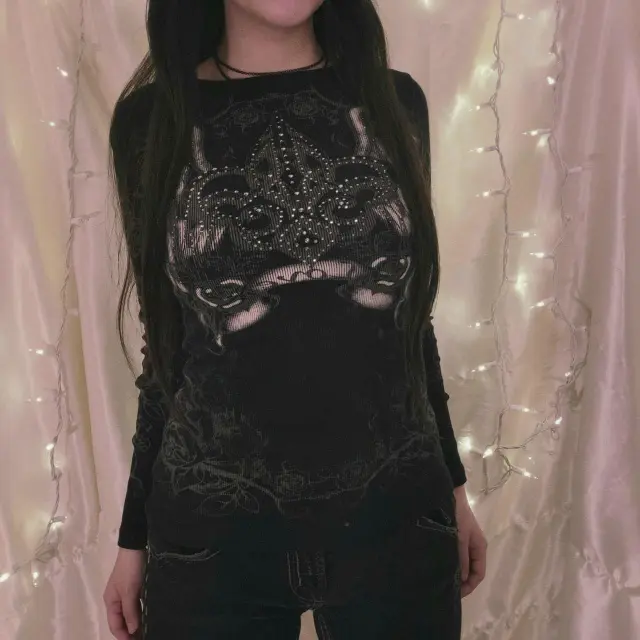Printed Long sleeved Top Women's T shirt Black - Shop at LoveMi