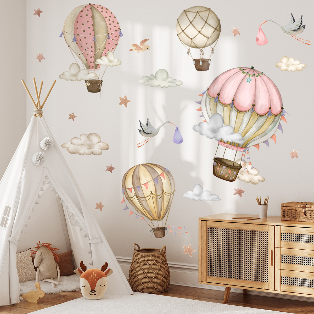 Title 4, Cartoon Hot Air Balloon Clouds Wall Sticker Bac...