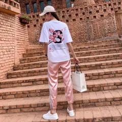 Summer New Sports Casual Suit Women's Fashion Trendy Loose Fashionable Stylish Short Sleeve Two-piece Pants - White - View 1