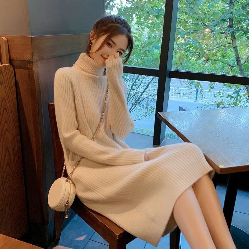 Mid length High Collar Sweater Dress Women's Thickened Autumn And Winter Loose White - Shop at LoveMi