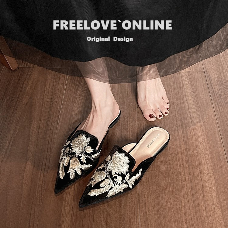 Genuine Leather Pointed-Toe Ethnic-Style Suede Embroidered Flat Closed-Toe Mules