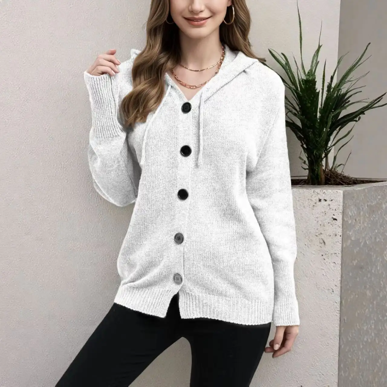 Womens Solid-color V-neck Single-breasted Hooded Sweater