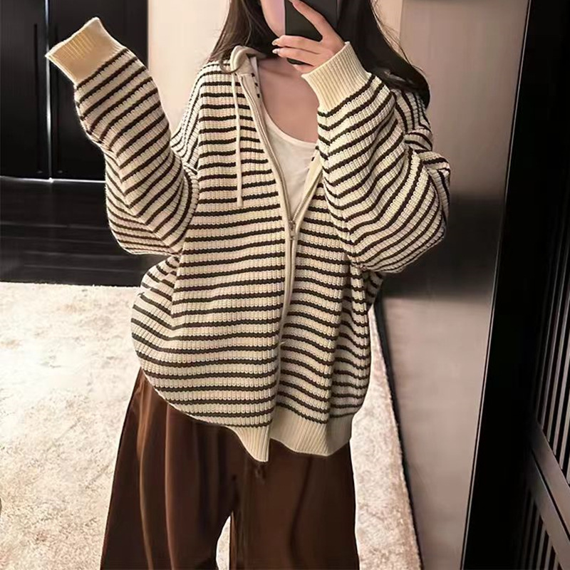 Womens Striped Knitted Cardigan With Hood