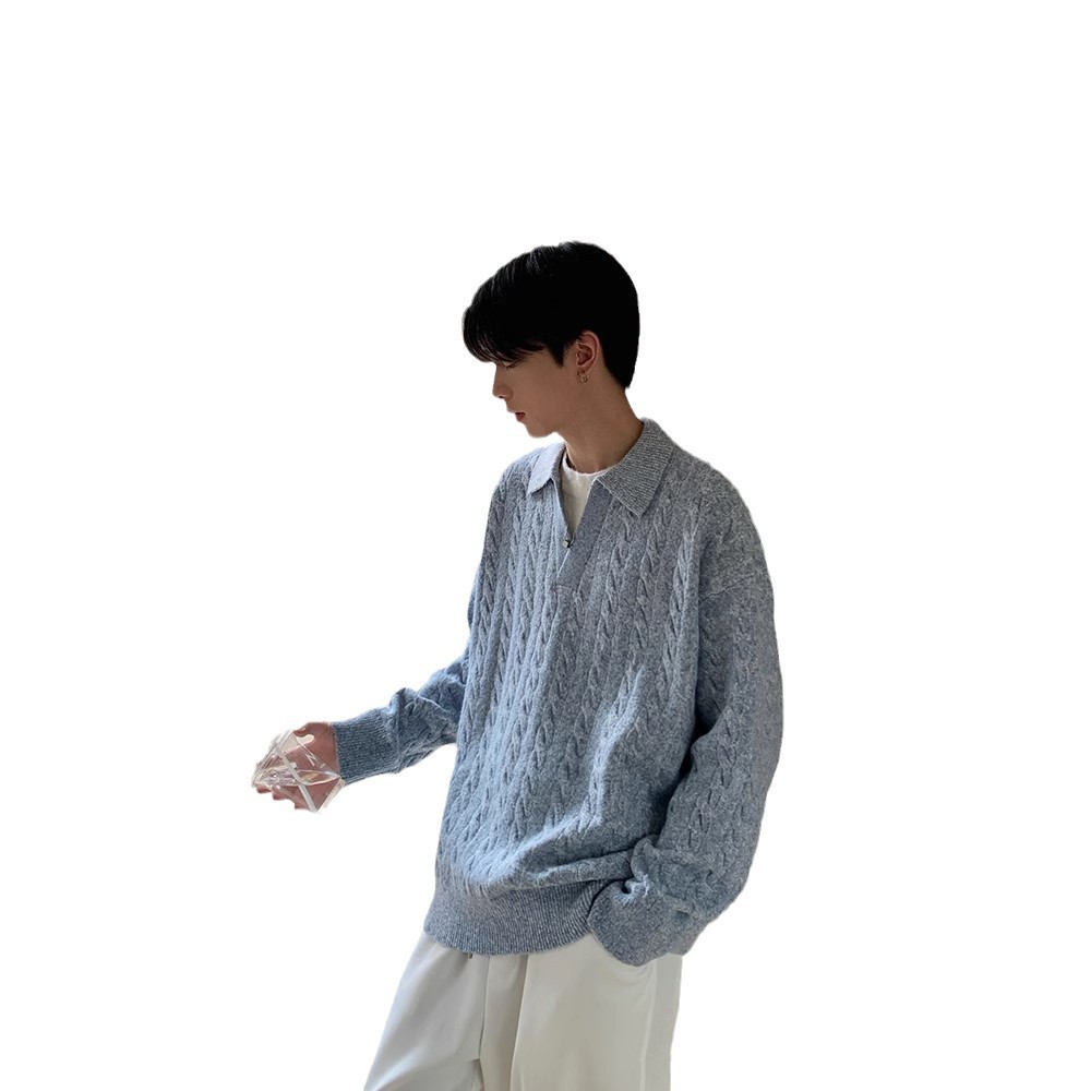 Mens Retro Herringbone Textured Lapel Pullover Sweater