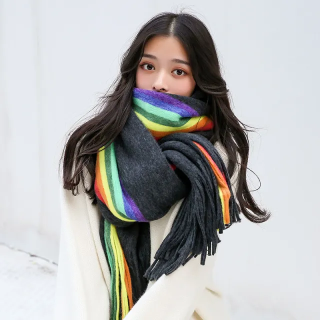 Rainbow Double sided Scarf Cashmere like Warm Scarf Black And Gray - Shop at LoveMi