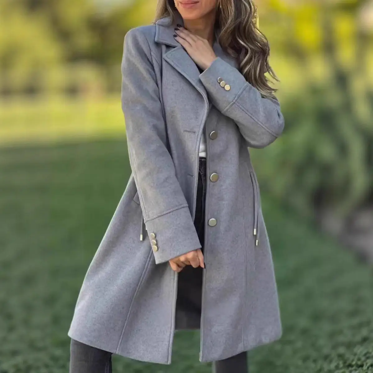 Womens Fashion Solid-color Mid-length Wool Coat