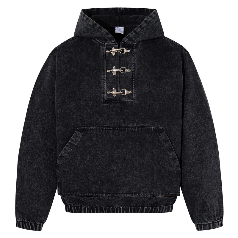 Mens Black Hoodie With Distressed Wash And Lobster-claw Button Detailing