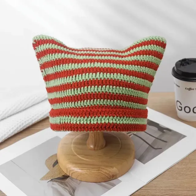 Cute Cat Ears Striped Handmade Knitted Wool Hat Green Orange - Shop at LoveMi
