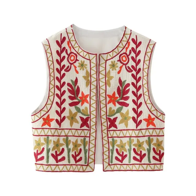 European And American Style Round Neck Embroidered Vest Creamy White - Shop at LoveMi