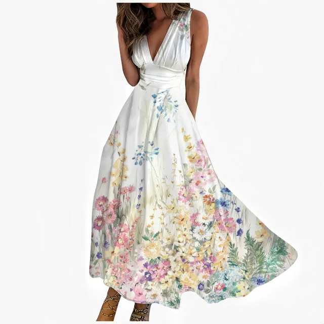Digital Printing Women V neck Sleeveless Maxi Dress Color 5 - Shop at LoveMi