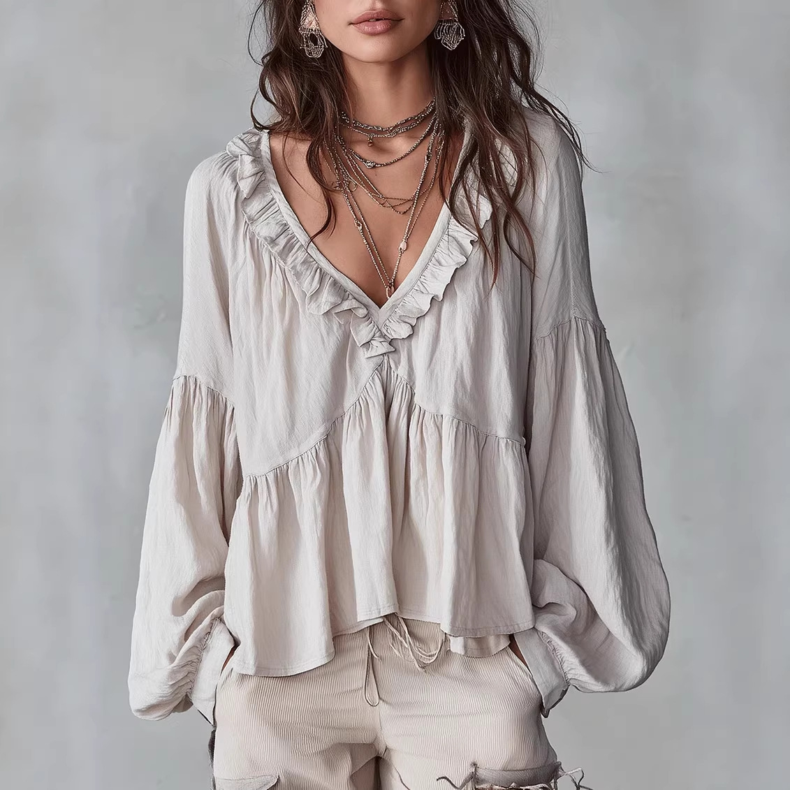 Ruffle-trimmed Puff-sleeve Pleated Blouse