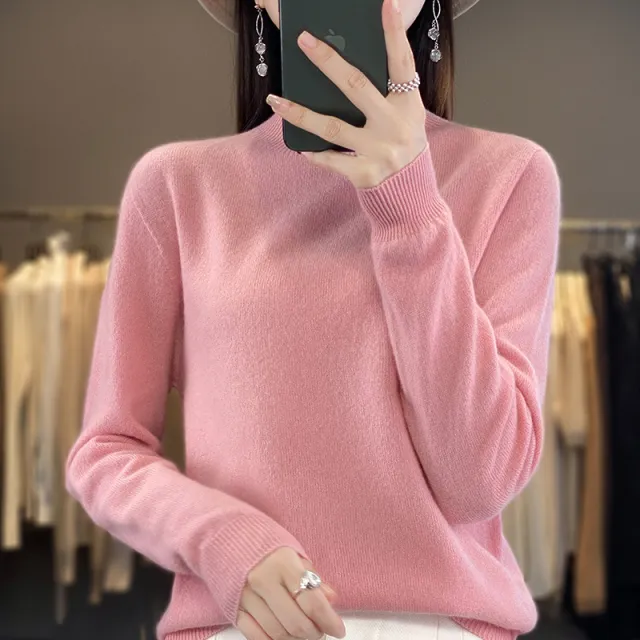 Turtleneck Pullover Women's Solid Color Loose Bottoming Sweater Light Pink - Shop at LoveMi