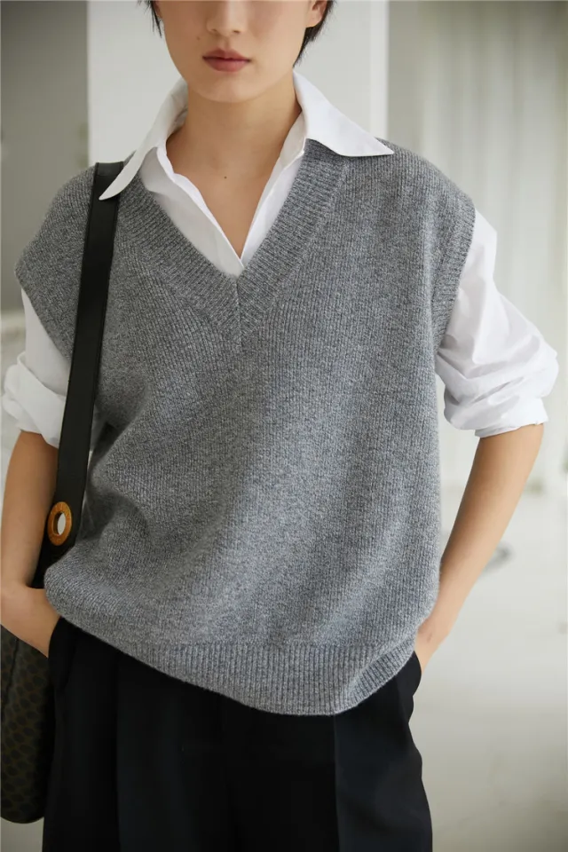 Solid Color Wool Vest Women's V neck Sweater Waistcoat Sleeveless Vest Gray - Shop at LoveMi