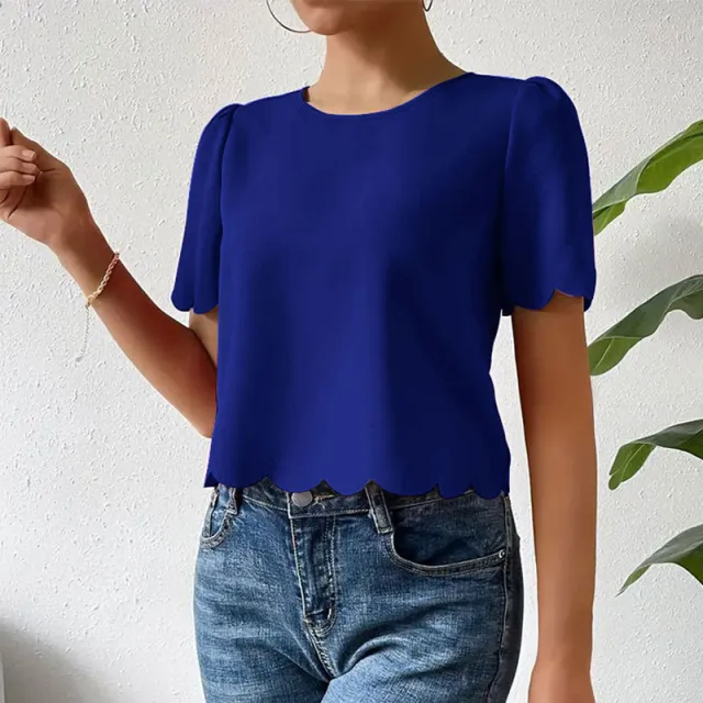 Solid Color Burnt Flower Scalloped Crop top Short Top Female Blue - Shop at LoveMi