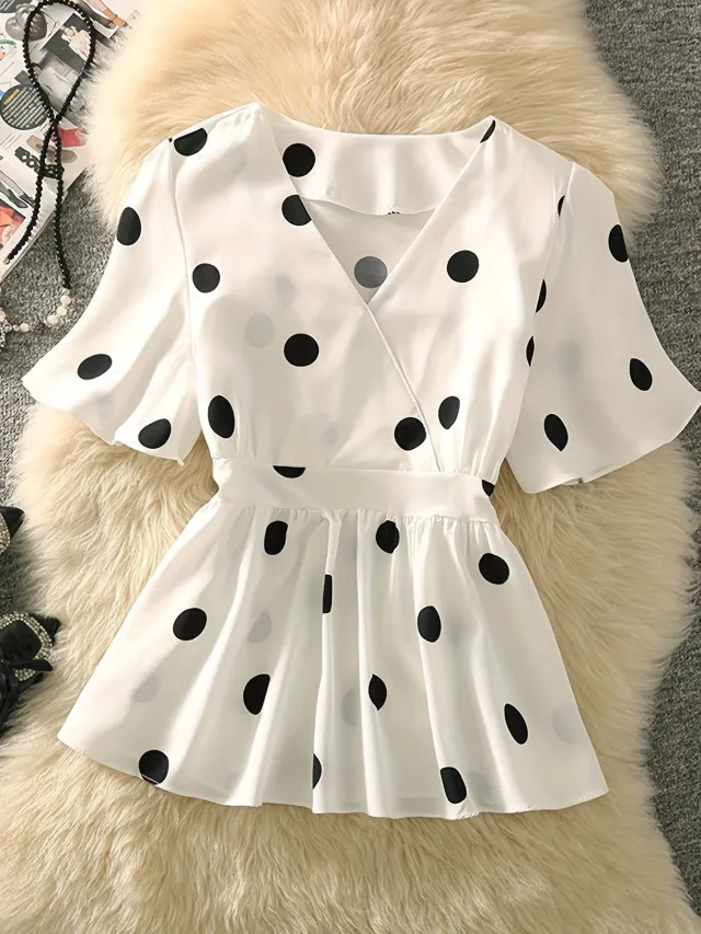 Womens Chiffon Blouse With Floral And Polka Dot Patterns White - Shop at LoveMi