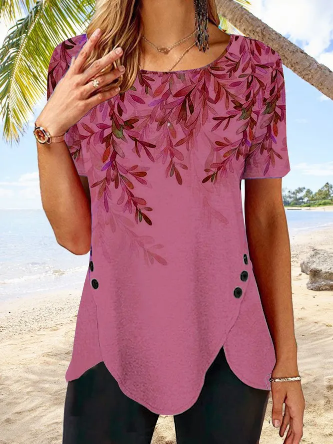 Positioning Printed Button Irregular Hem Round Neck Long Sleeve T-shirt - Red
