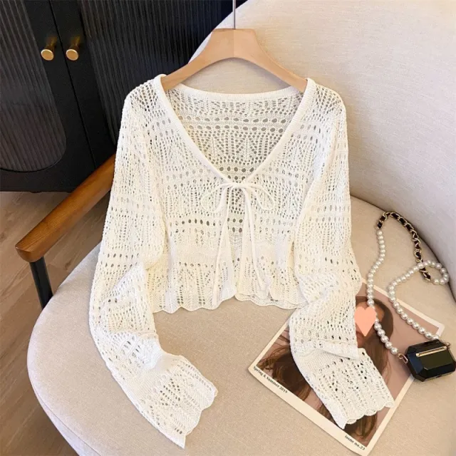 Knitted Long Sleeve Sun Protection Thin Cardigan Blouse Ice Silk Air Conditioning Top White - Shop at LoveMi