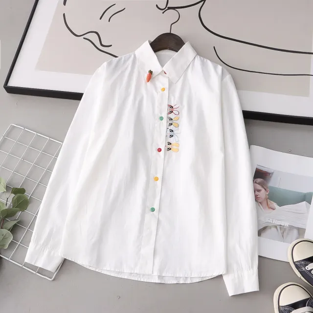 Placket Rabbit Embroidered Color Buckle Design Long Sleeve Shirt White - Shop at LoveMi