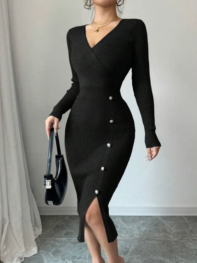 French Waist tight Mid length Sheath Inner Wear Base Skinny Knit Dress Black - Shop at LoveMi
