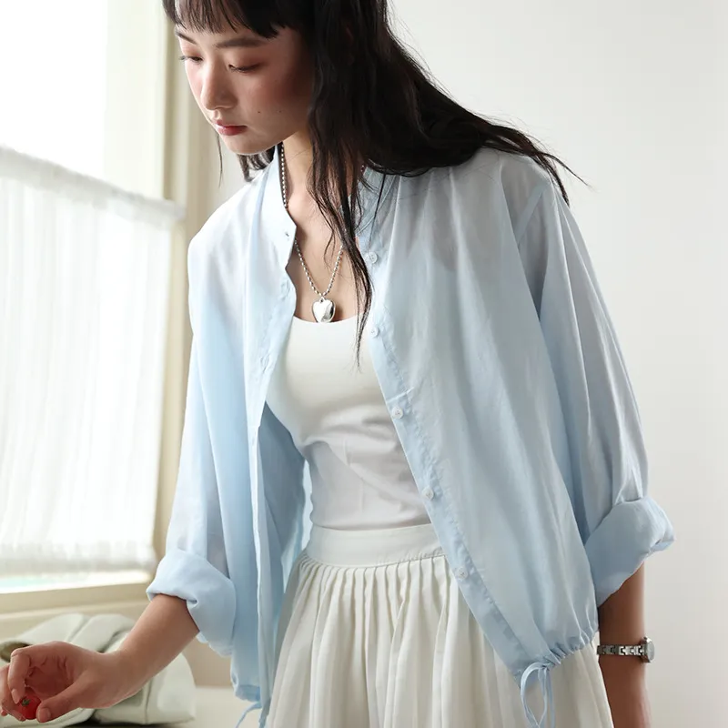 Tencel Linen Stand Collar Shirt Light Thin And Loose Button Top