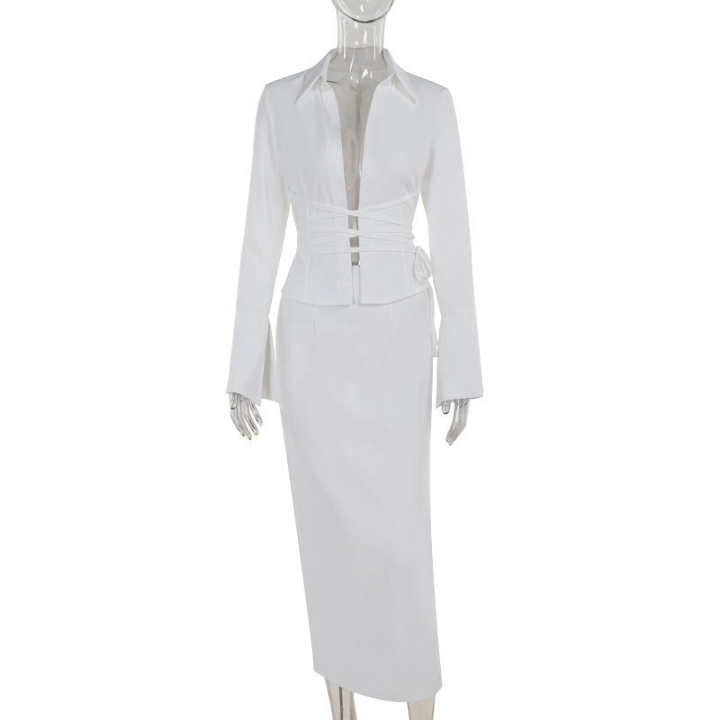 Lace up Shirt Long sleeved Top High Waist Slit Skirt Fashion Casual Hot Girl Style Suit White - Shop at LoveMi