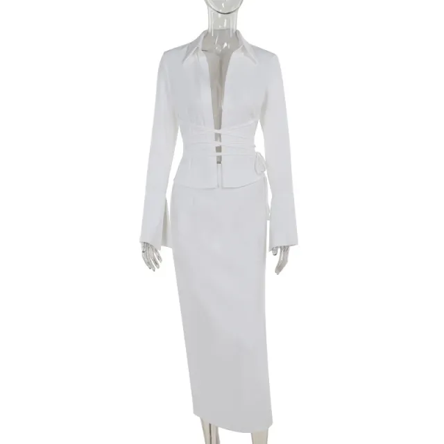 Lace up Shirt Long sleeved Top High Waist Slit Skirt Fashion Casual Style Suit White - Shop at LoveMi