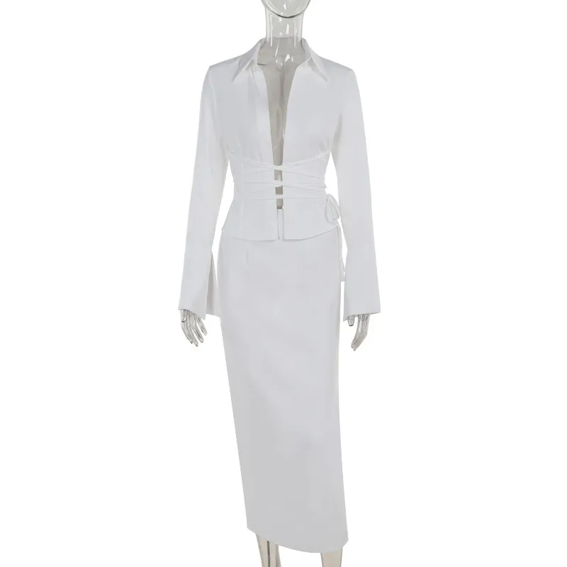 Lace-up Shirt Long-sleeved Top High Waist Slit Skirt Fashion Casual Style Suit - White