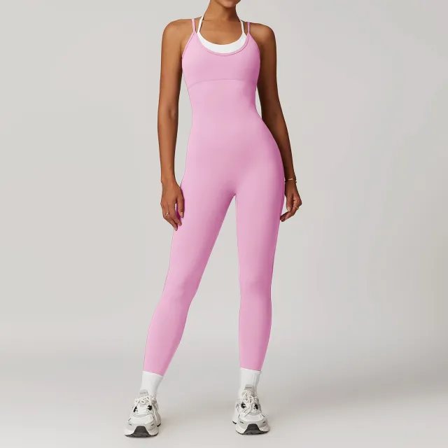 Fake Two piece Contrast Color Sling Sports Jumpsuit Cherry Blossom Powder L - Shop at LoveMi