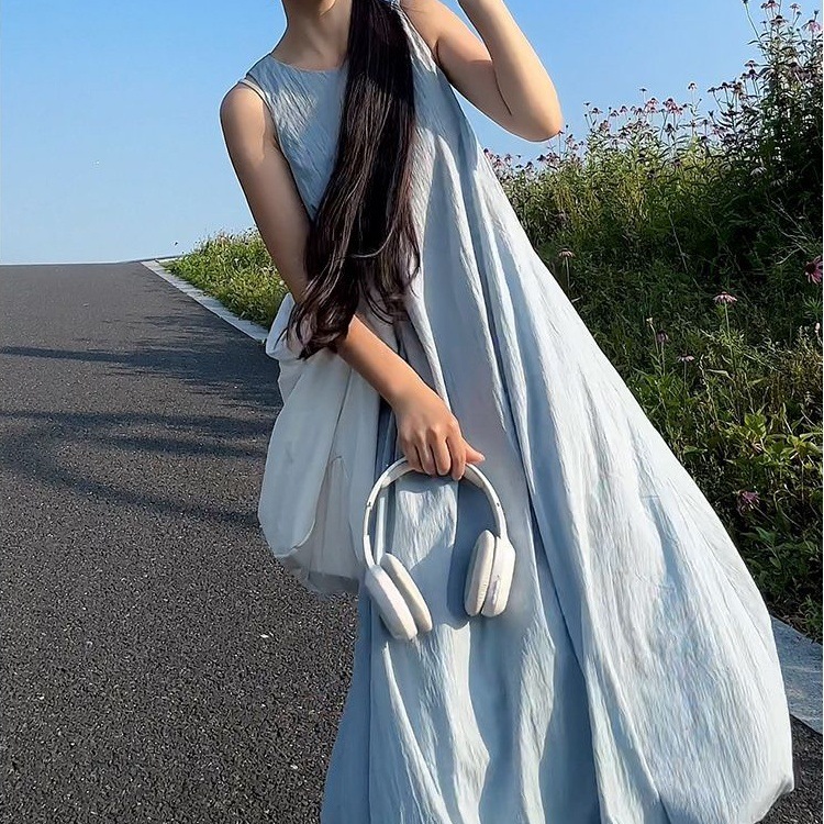 New Korean-style Sky-blue Vest Dress