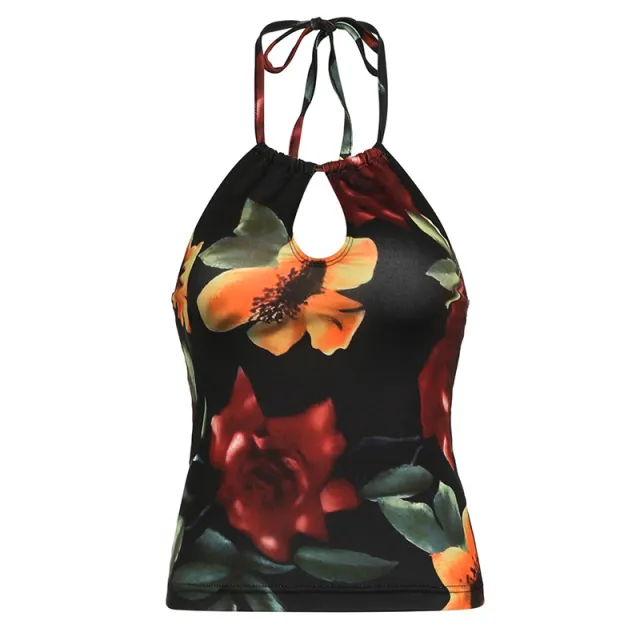 Personalized Stylish Print Slim Fit Halter Spaghetti Straps Vest Backless Hollow out Top Black - Shop at LoveMi