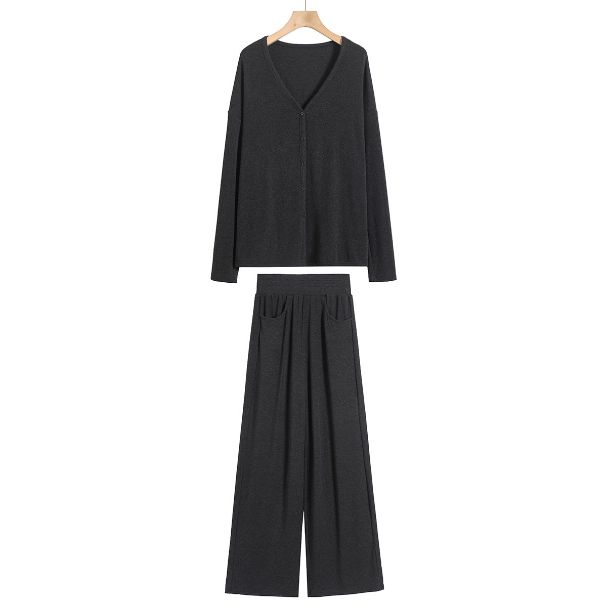 Women's Solid Color Long Sleeve T shirt Straight leg Pants Suit Dark Gray - Shop at LoveMi