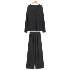 Women's Solid Colour Long Sleeve T-shirt Straight-leg Pants Suit - Dark Grey - View 1