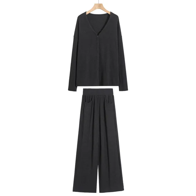 Women's Solid Color Long Sleeve T shirt Straight leg Pants Suit Dark Gray - Shop at LoveMi