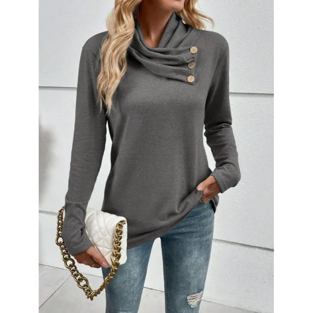 Women's Solid Color Simple Scarf Collar Button Long sleeve T shirt Gray - Shop at LoveMi