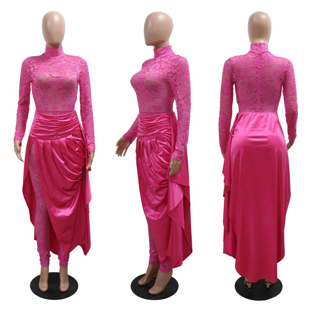 Women's Long-sleeved Slim Fit Bodysuit Outer Lace-up Half-length Cloak Skirt Two-piece Set