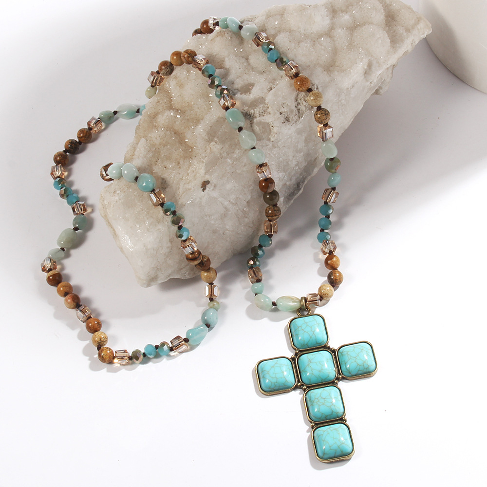 Glass Knotted Square Cross Pendant Necklace Sweater Chain